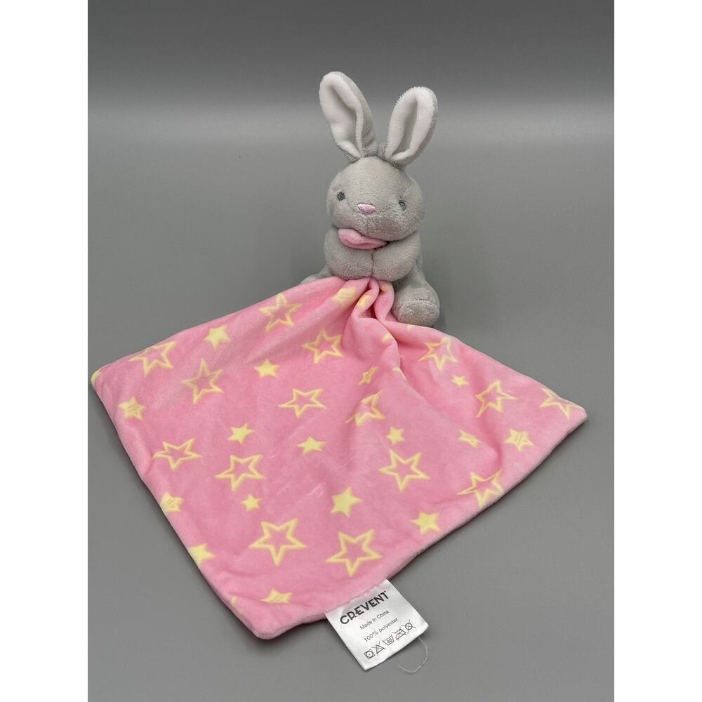 Crevent Bunny Rabbit Lovey Gray Plush Baby Pink Security Blanket W/ Yellow Stars